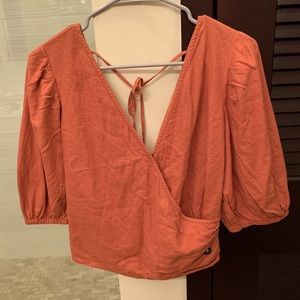 Muted Orange Linen-Blend Wrap-Front Blouse